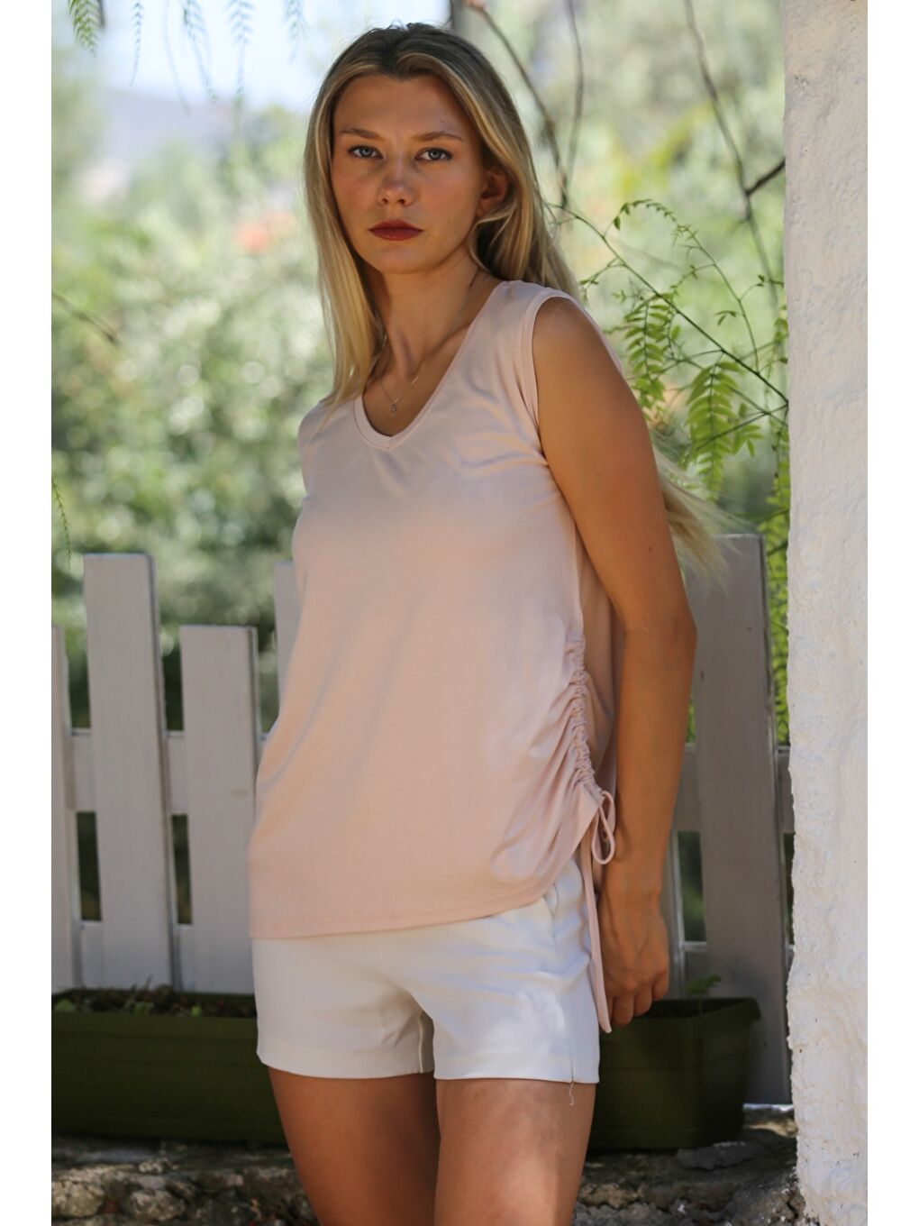 Pembe Pudra V Yaka Kolsuz Yanları Büzgülü Örme Casual Bluz-3