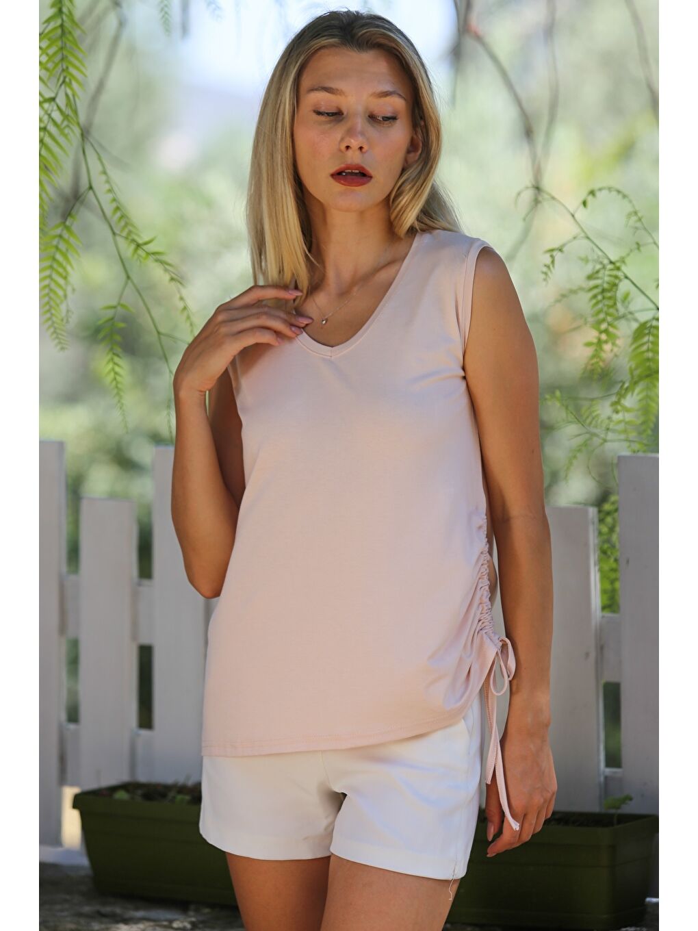 Pembe Pudra V Yaka Kolsuz Yanları Büzgülü Örme Casual Bluz-4