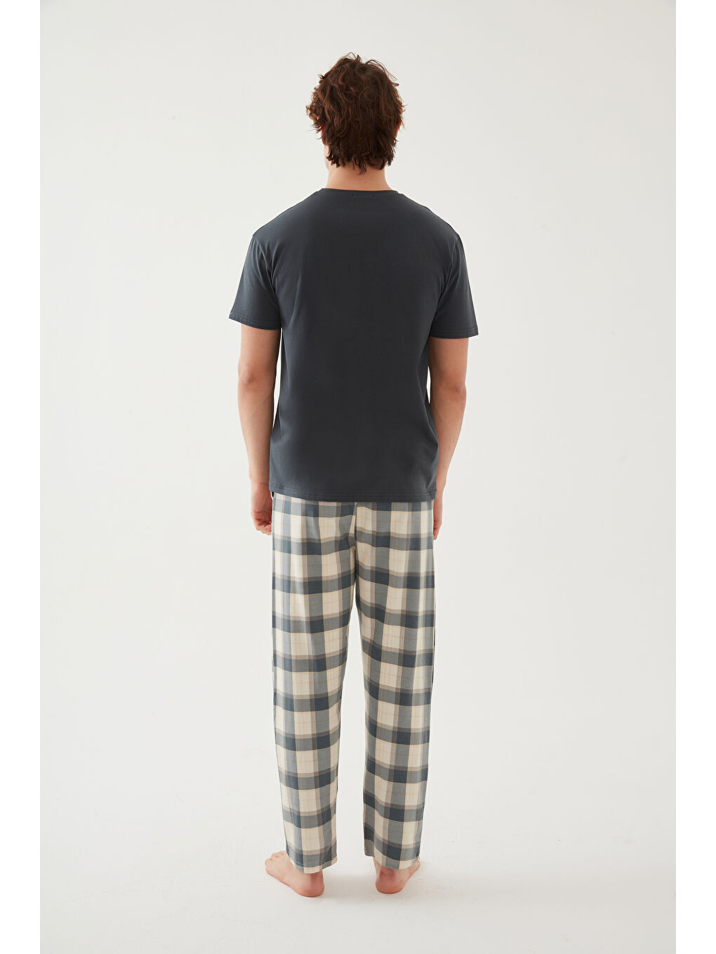 Gri Erkek Pamuklu Üst Füme Göğüs Cepli Kısa Kollu %100 Pamuk Pijama Takımı-4