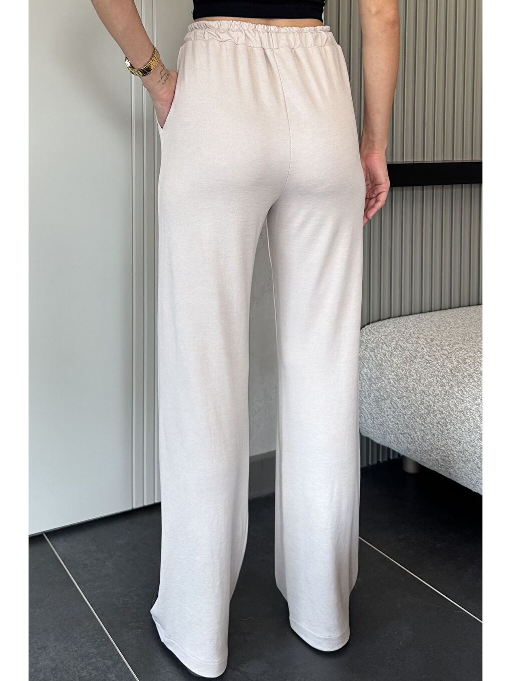 Bej Bel Lastikli Bol Paça Eşofman Altı-2