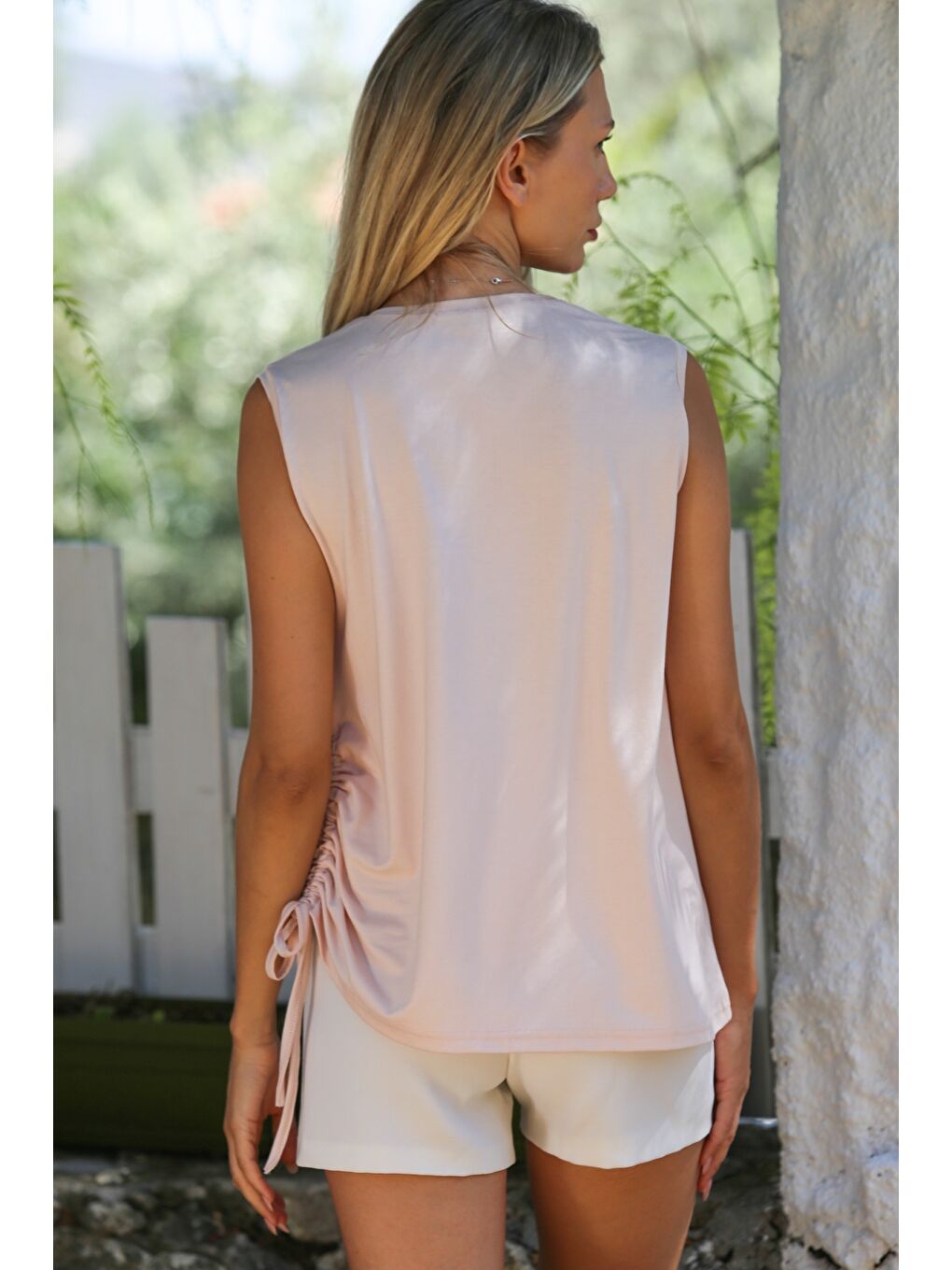 Pembe Pudra V Yaka Kolsuz Yanları Büzgülü Örme Casual Bluz-5