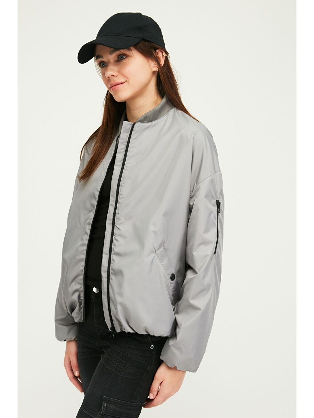 Antrasit Kadın Içi Astarlı Rüzgar Geçirmez Kolej Yaka Mont QBM-825-3