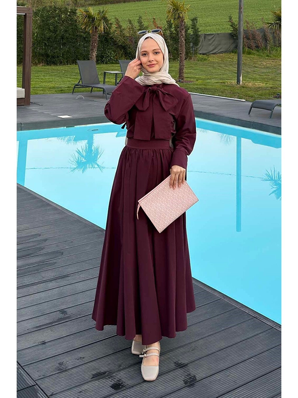 Kravat Yaka Tesettür Takım Mürdüm