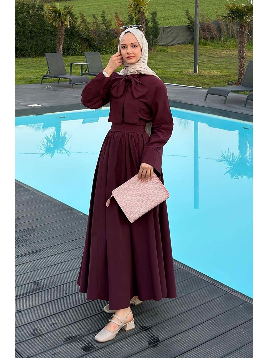 Kravat Yaka Tesettür Takım Mürdüm-1