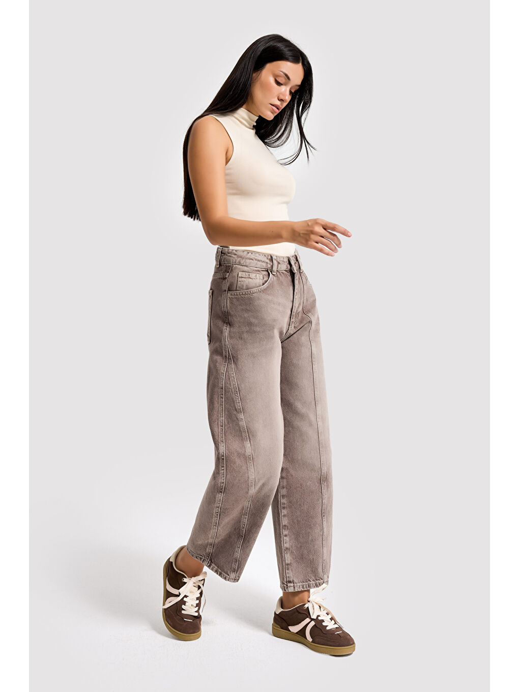Bej Kadın Taş Rengi 4s6-160 Barrel Fit Rahat Kesim %100 Pamuk Denim Jean