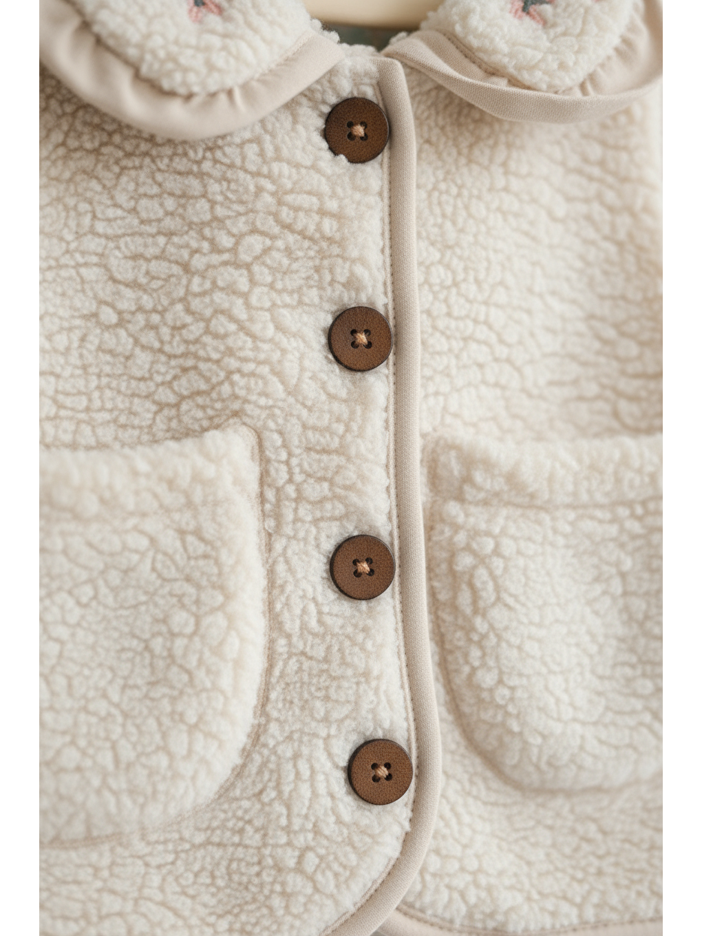 Ekru Kız Çocuk Krem Pelüş Cepli Düğmeli Yelek – Nakışlı Yaka Detaylı-2
