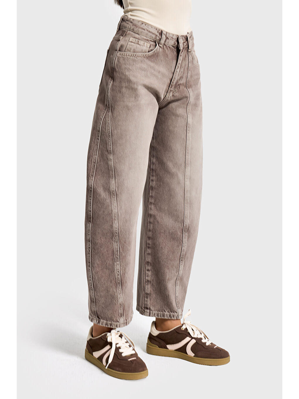 Bej Kadın Taş Rengi 4s6-160 Barrel Fit Rahat Kesim %100 Pamuk Denim Jean-1