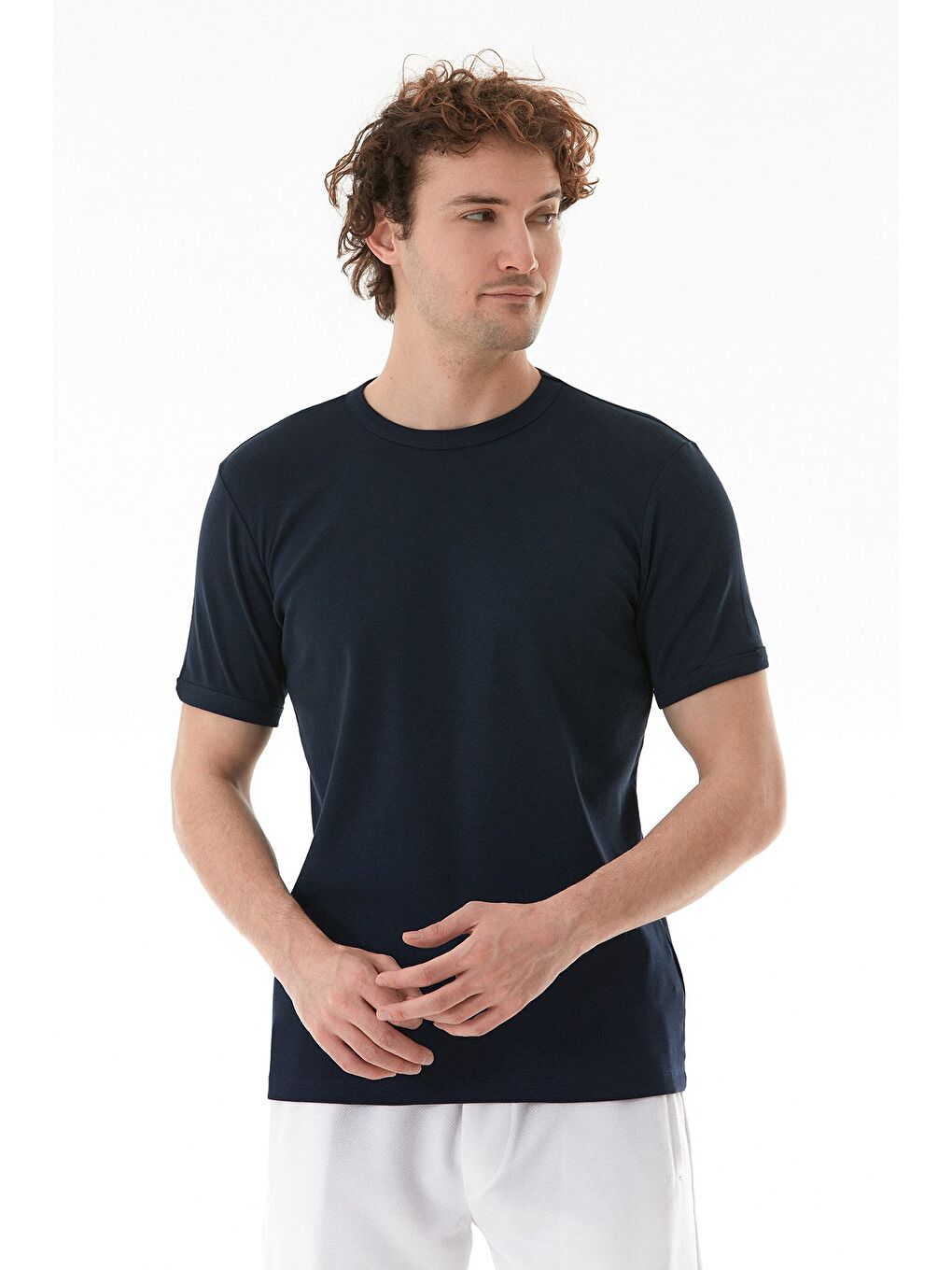 Lacivert Basic Bisiklet Yaka Ribanalı Tişört-1