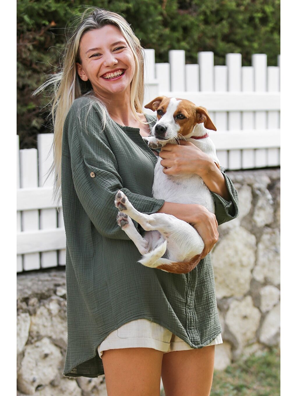 Haki Patlı Yaka Uzun Kol Düğmeli Yıkamalı Dokuma Casual Müslin Bluz-1