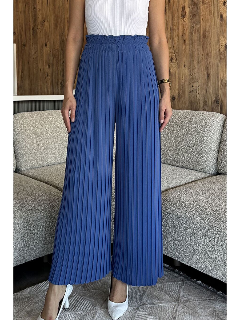 İndigo Kadın Bel Lastikli Piliseli Bol Kesim Pantolon-1