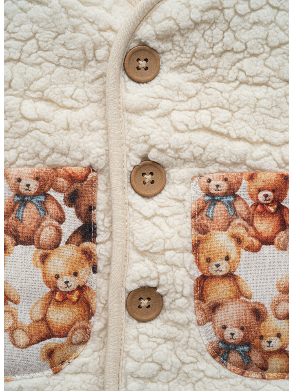 Karışık Unisex Çocuk Krem Pelüş Teddy Desenli Cepli Düğmeli Yelek-2