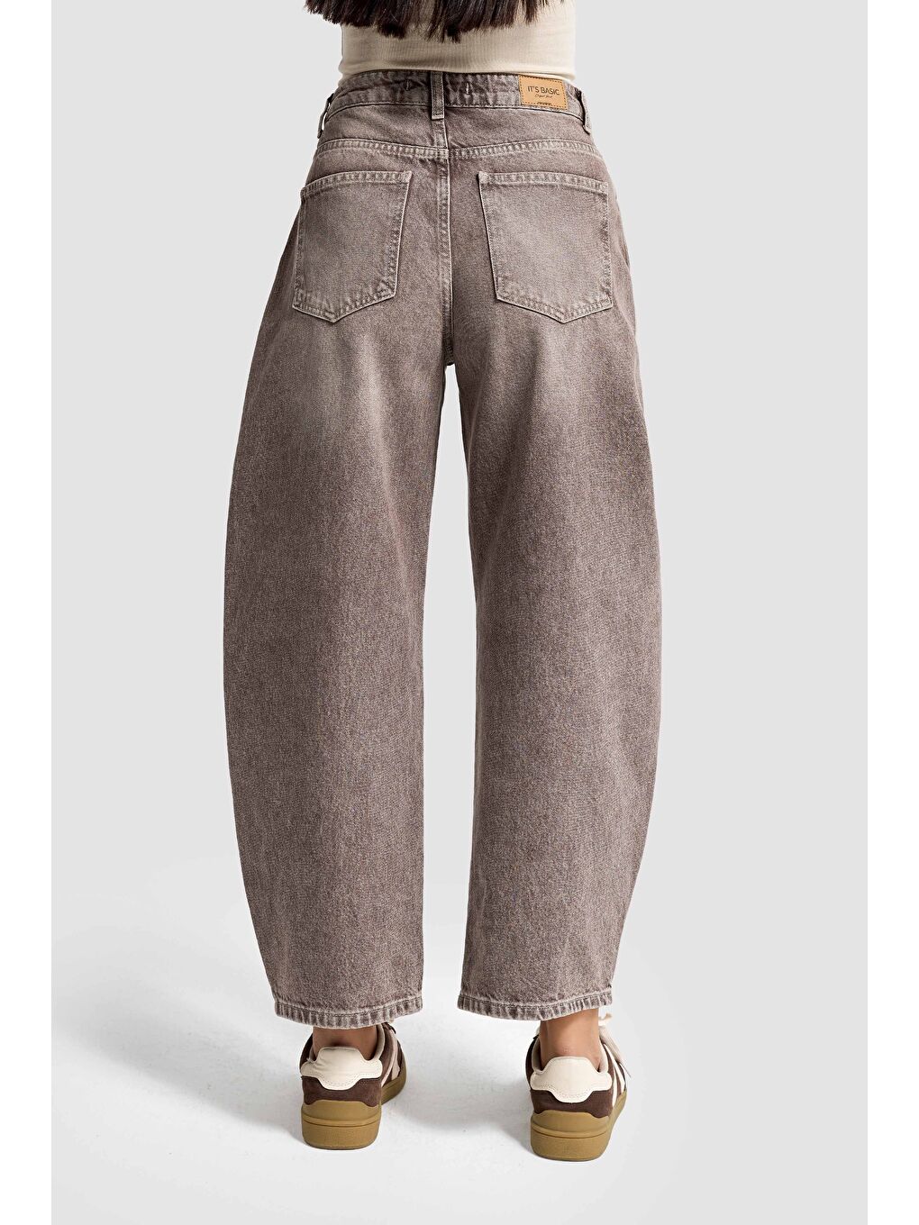 Bej Kadın Taş Rengi 4s6-160 Barrel Fit Rahat Kesim %100 Pamuk Denim Jean-3