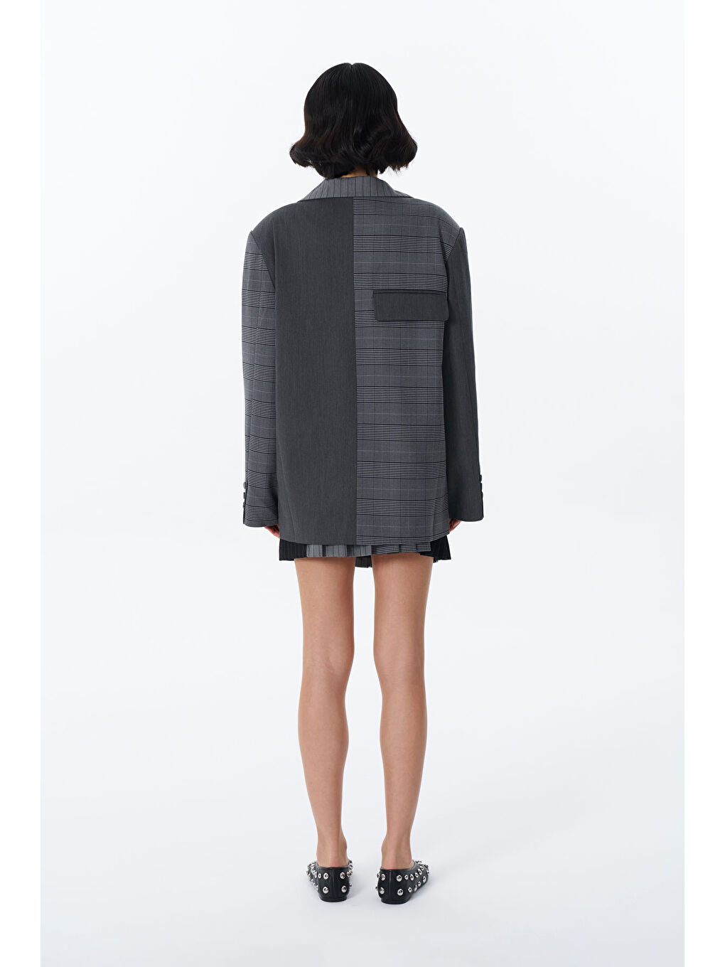 Çizgi Matchli Kruvaze Yaka Blazer Ceket Antrasit-1