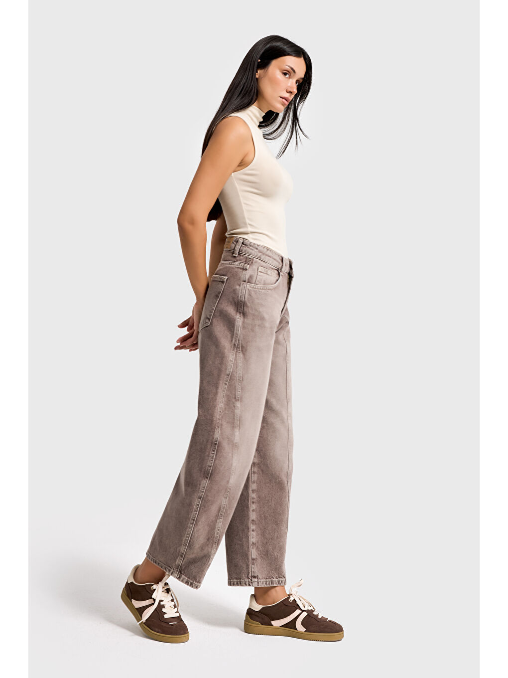 Bej Kadın Taş Rengi 4s6-160 Barrel Fit Rahat Kesim %100 Pamuk Denim Jean-4