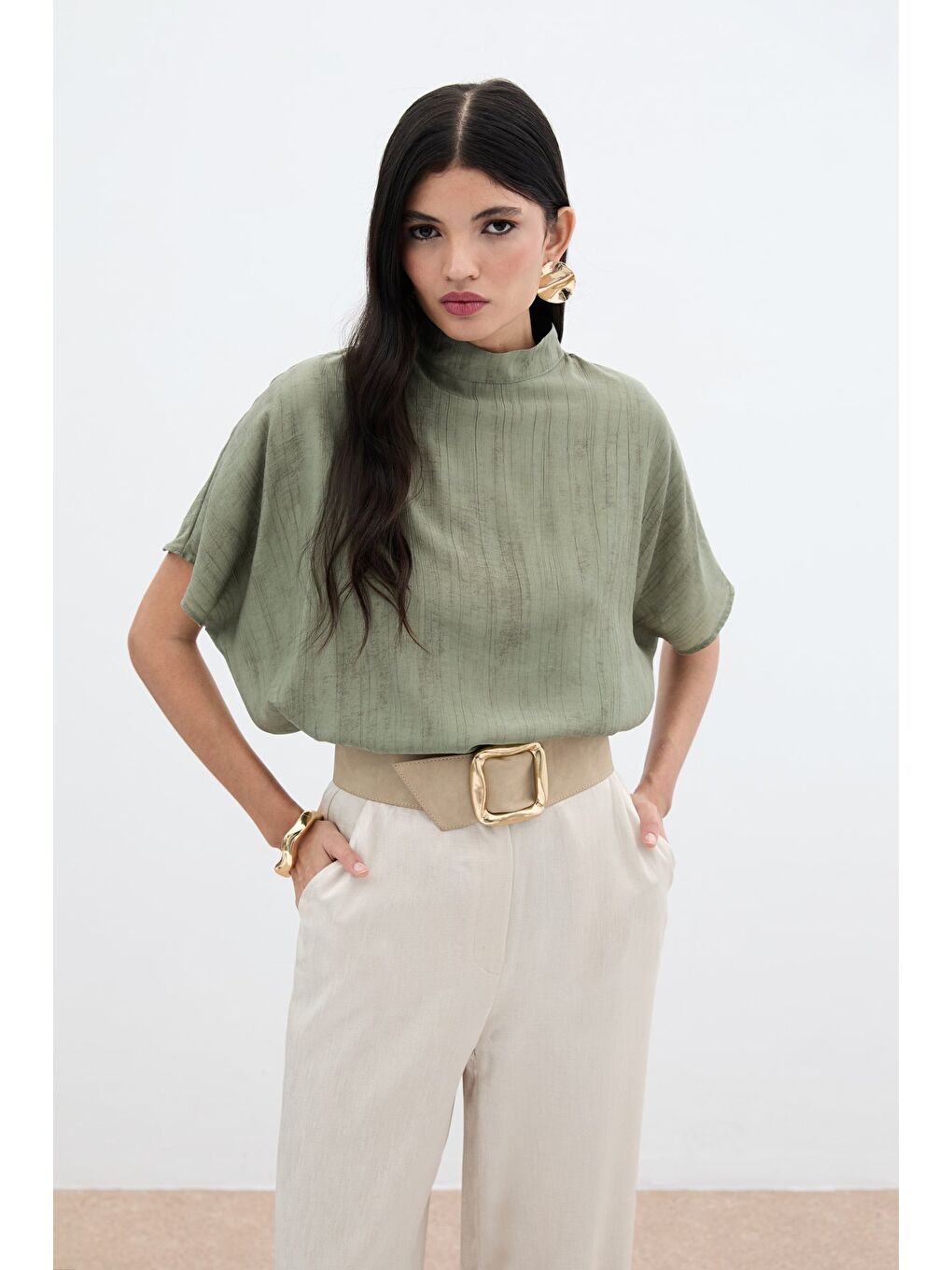 Desenli Salaş Bluz - Haki