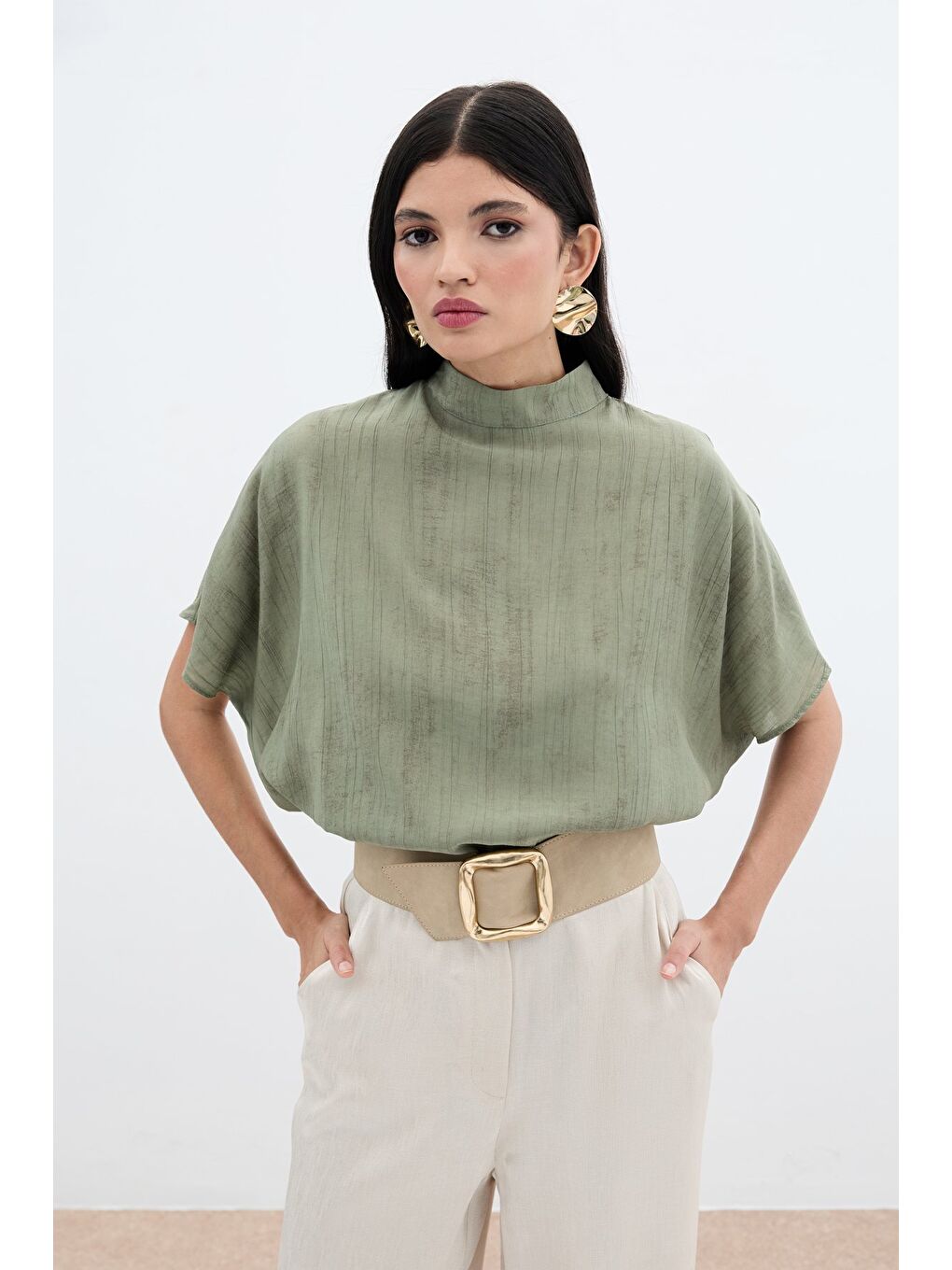 Desenli Salaş Bluz - Haki-1