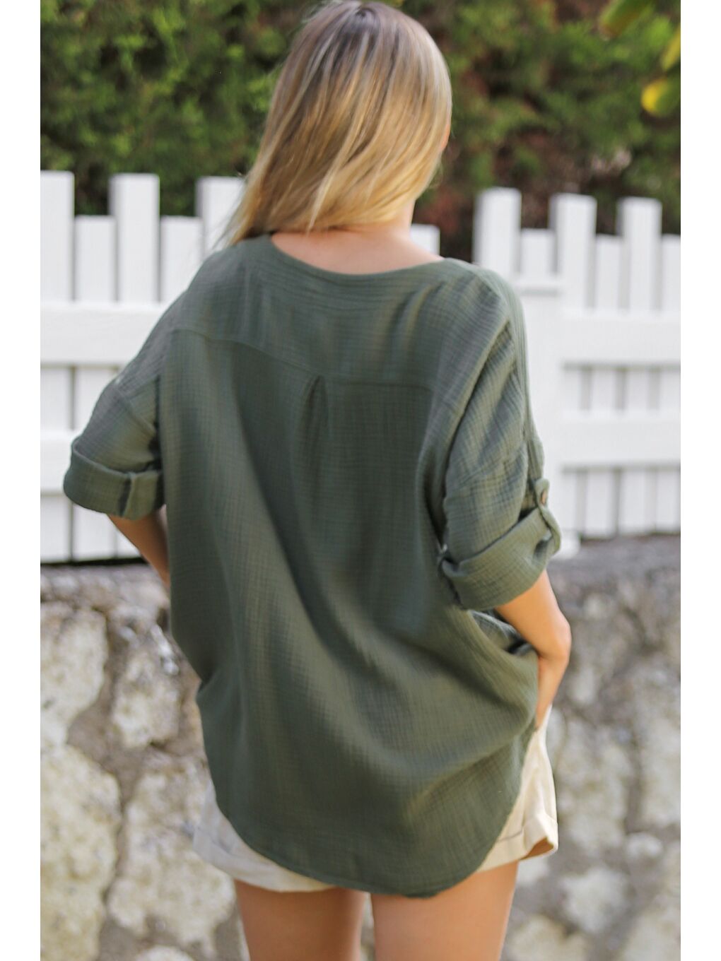 Haki Patlı Yaka Uzun Kol Düğmeli Yıkamalı Dokuma Casual Müslin Bluz-7