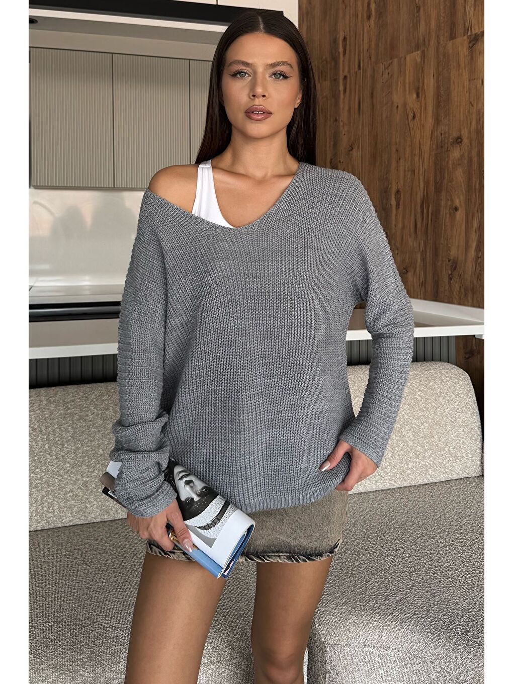 Gri V Yaka Salaş Triko Bluz (s,m,l,xl Uyumludur)