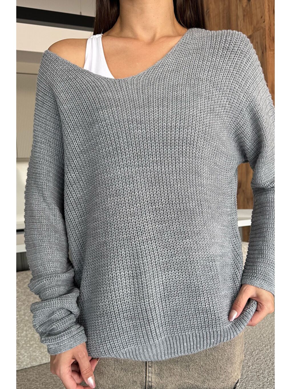 Gri V Yaka Salaş Triko Bluz (s,m,l,xl Uyumludur)-2