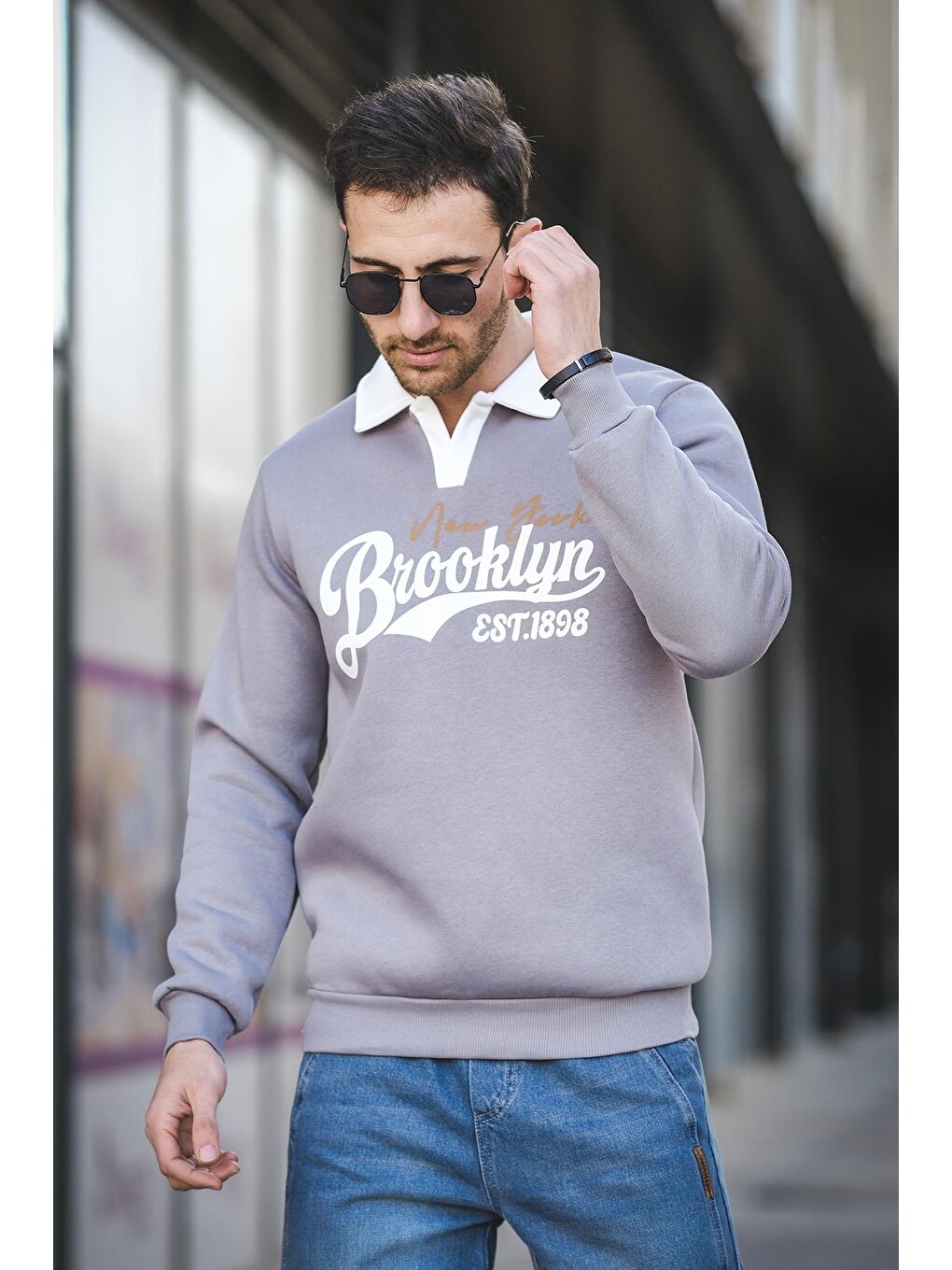 Gri Est 1898 Baskılı Üç İplik Şardonlu Slim Fit Polo Yaka Erkek Sweatshirt