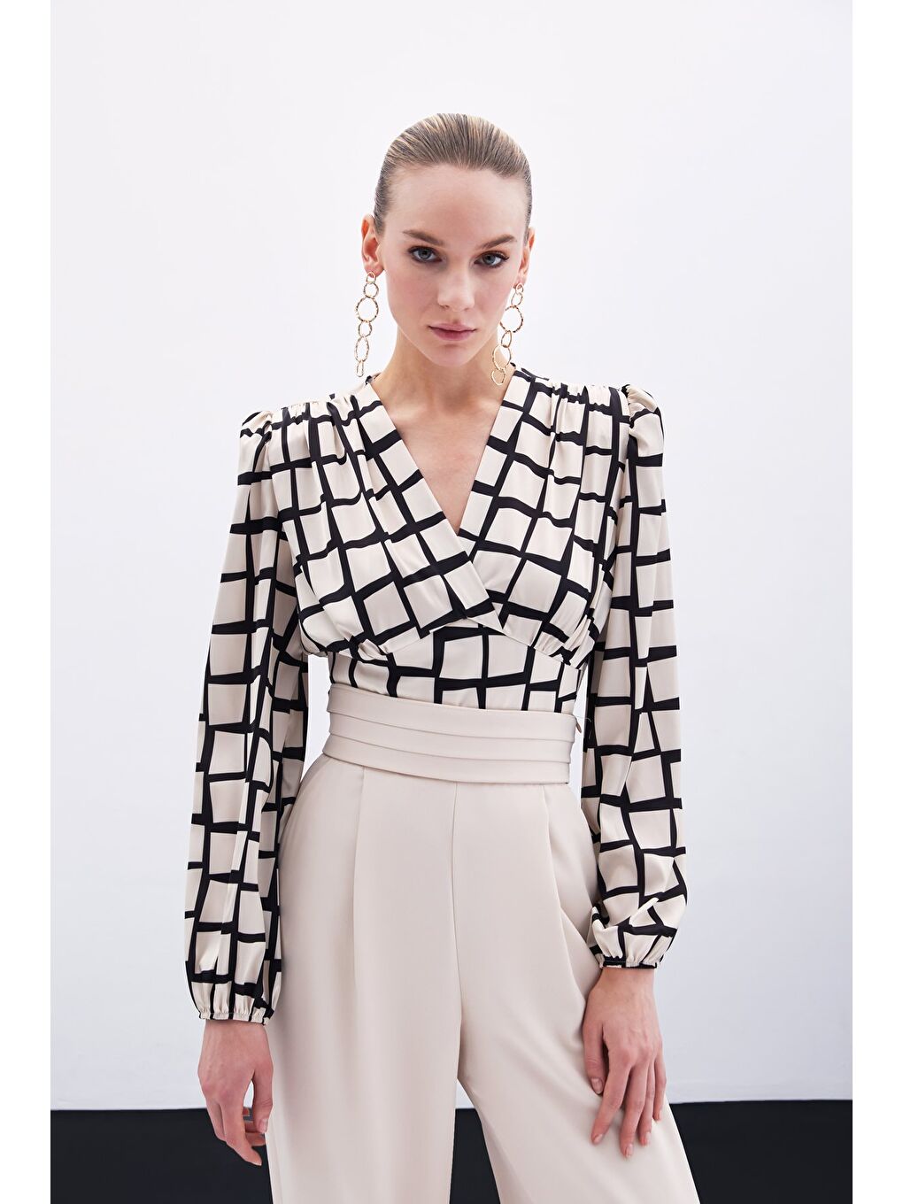 Desenli Crop Bluz - Bej