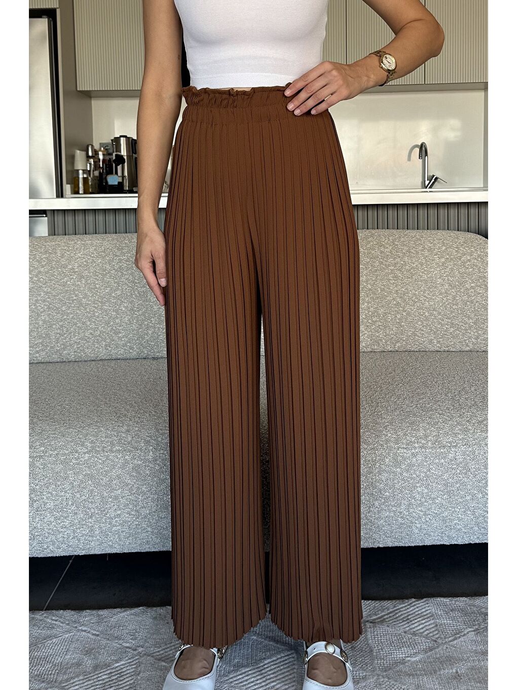 Kahverengi Kadın Bel Lastikli Piliseli Bol Kesim Pantolon