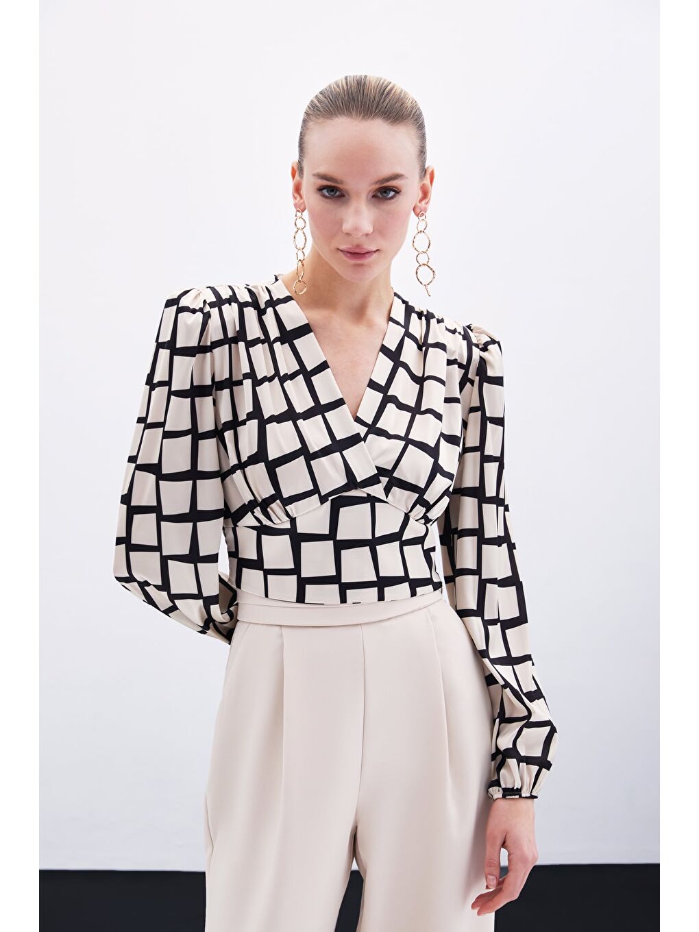 Desenli Crop Bluz - Bej-1