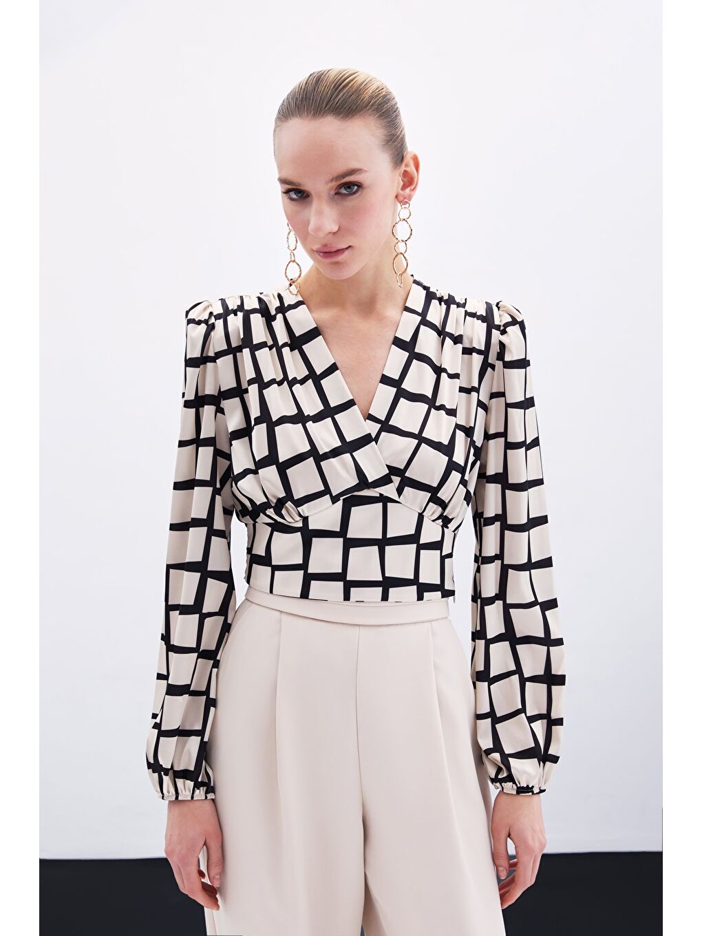 Desenli Crop Bluz - Bej-2