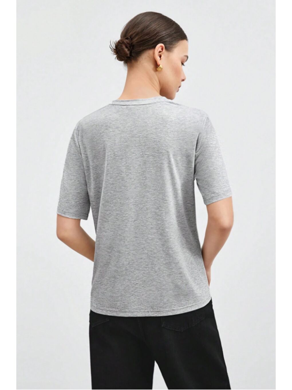 Gri Omuz Dekolteli Basic Kadın Tişört – Modern Kesim Günlük Bluz-5