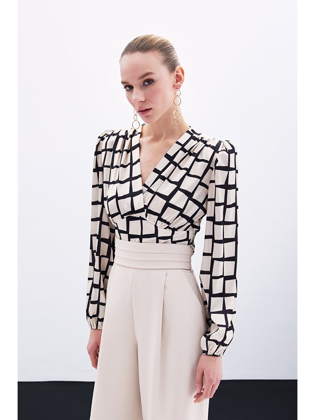 Desenli Crop Bluz - Bej-3