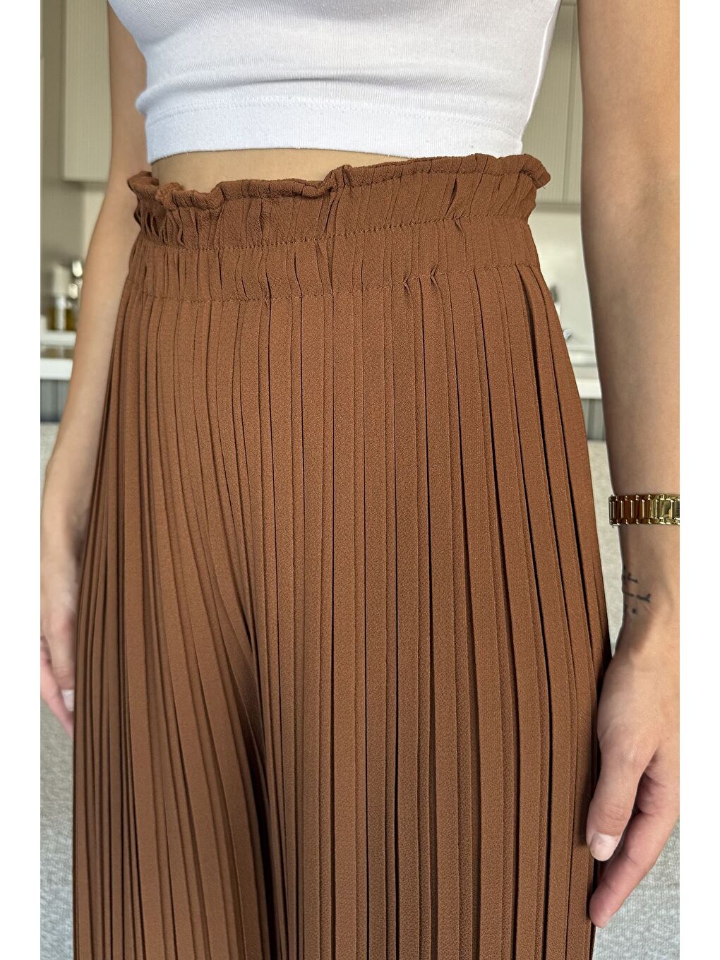 Kahverengi Kadın Bel Lastikli Piliseli Bol Kesim Pantolon-3