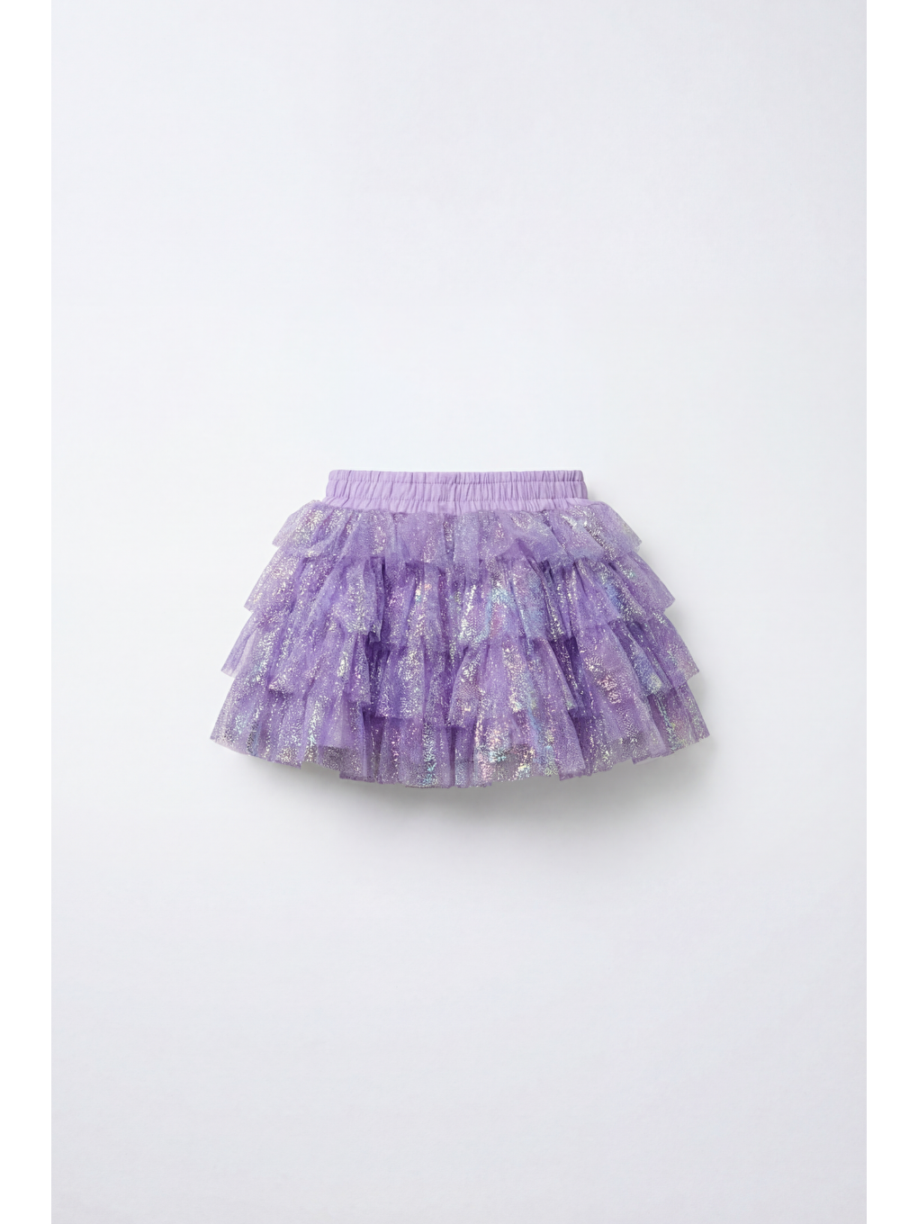 Mor Kız Çocuk Pamuklu Lila Simli Kat Kat Tül Etek - Elastik Belli Fırfırlı Model