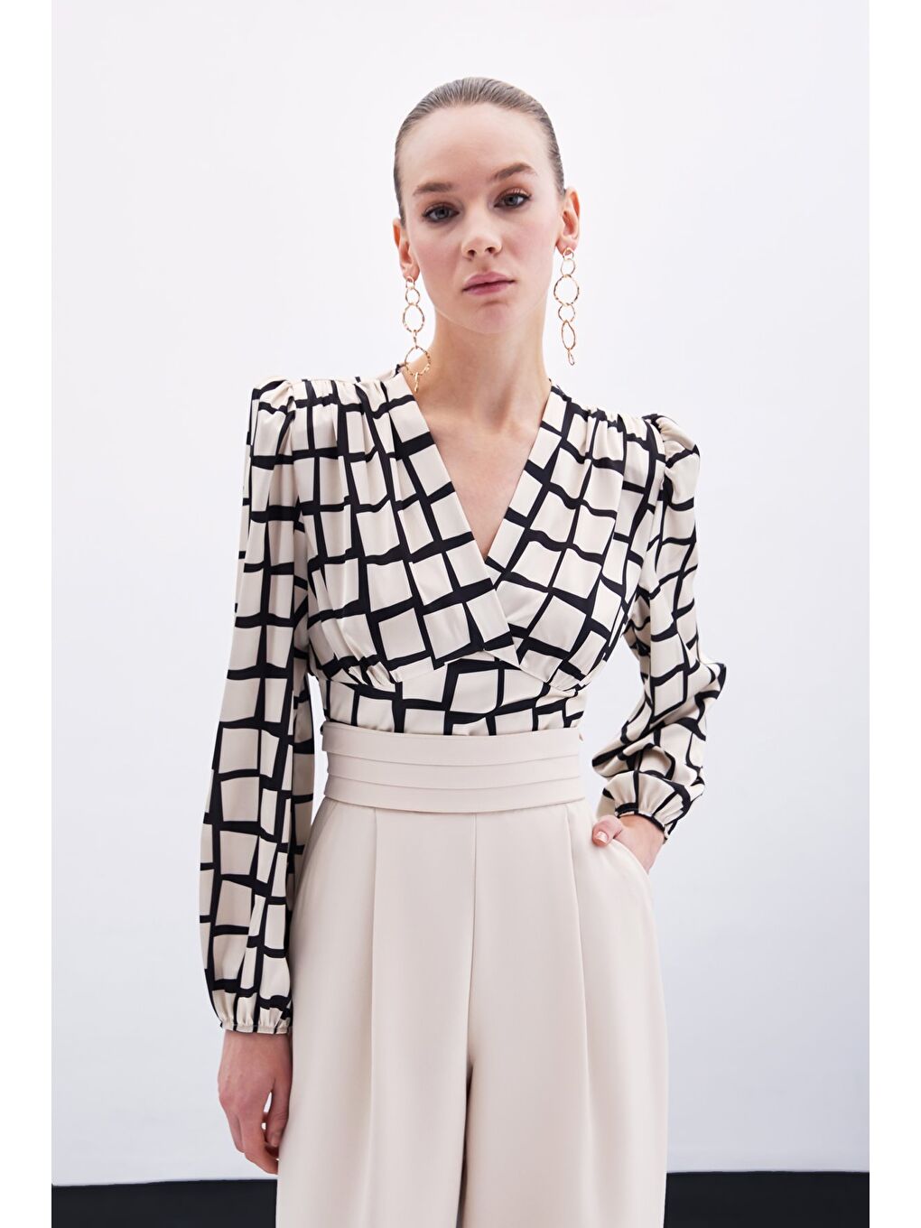 Desenli Crop Bluz - Bej-4