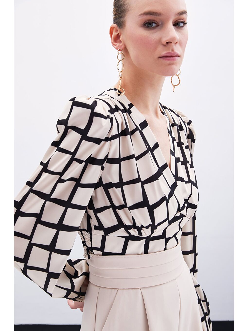 Desenli Crop Bluz - Bej-5