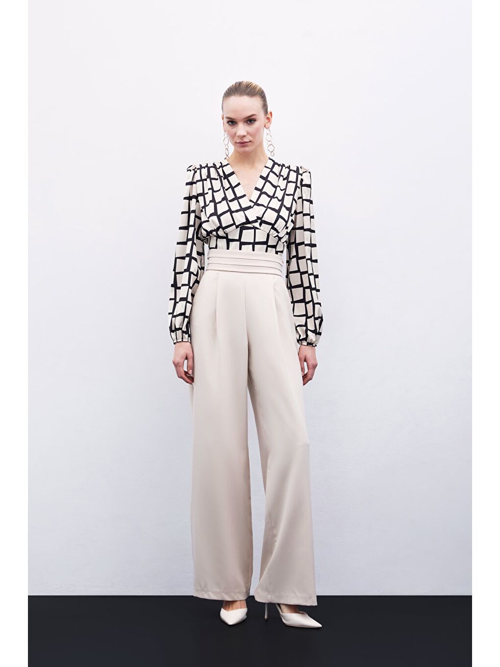 Desenli Crop Bluz - Bej-6