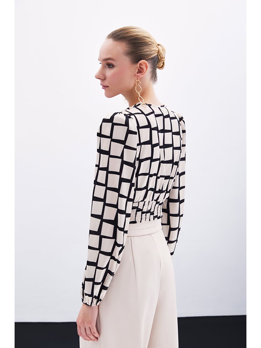 Desenli Crop Bluz - Bej-7