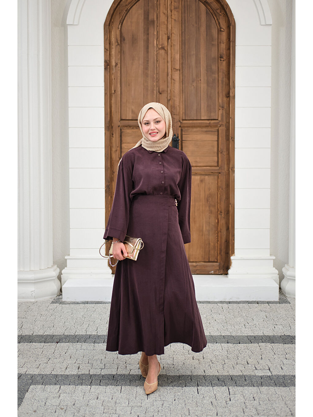 Kadın Gold Kemer Detay Gömlekli Takım Mürdüm