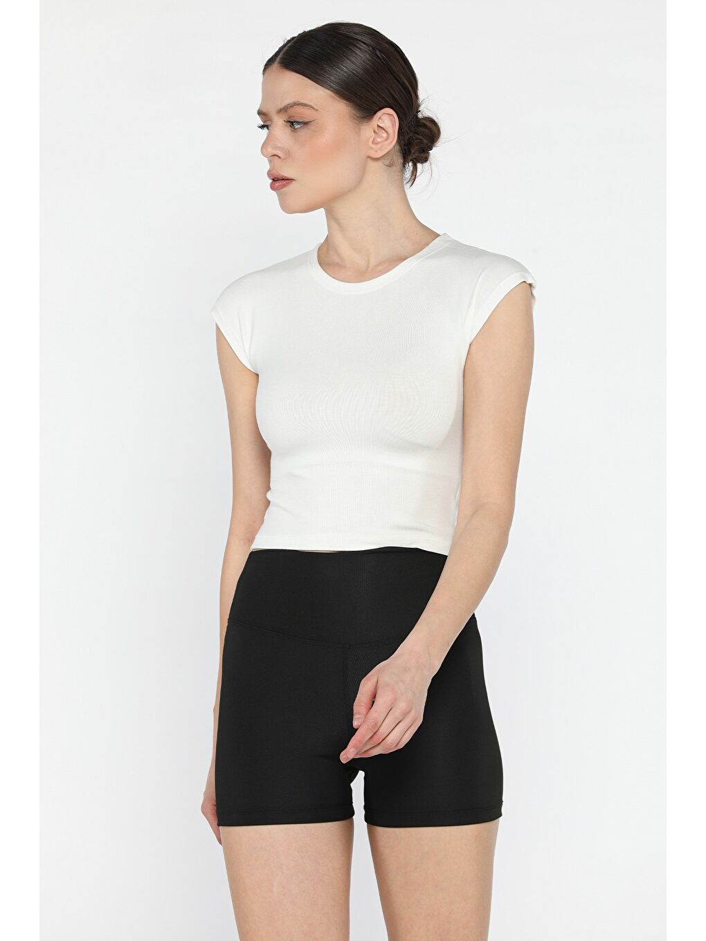 Siyah Kadın Yüksek Bel Dalgıç Kumaş Mini Tayt-1