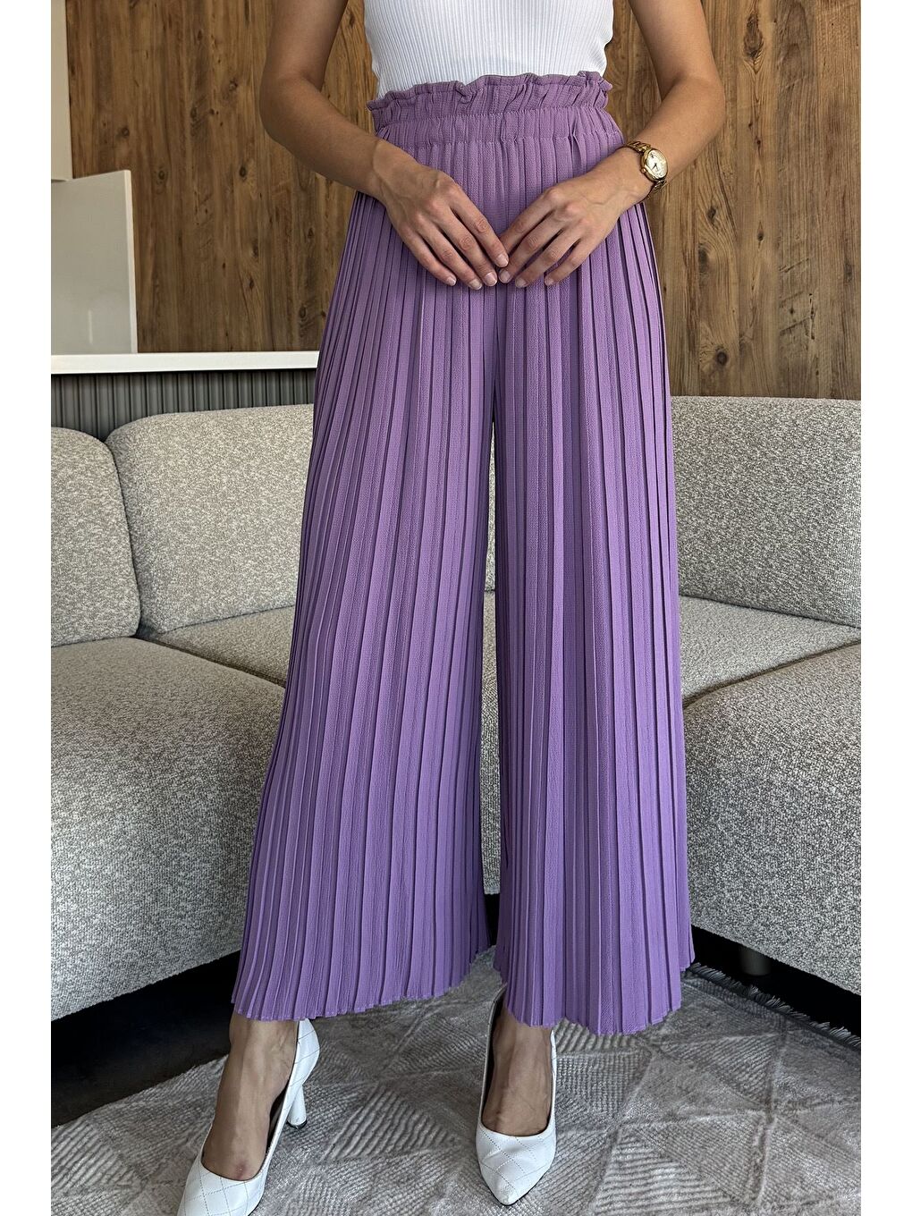 Lila Kadın Bel Lastikli Piliseli Bol Kesim Pantolon-1