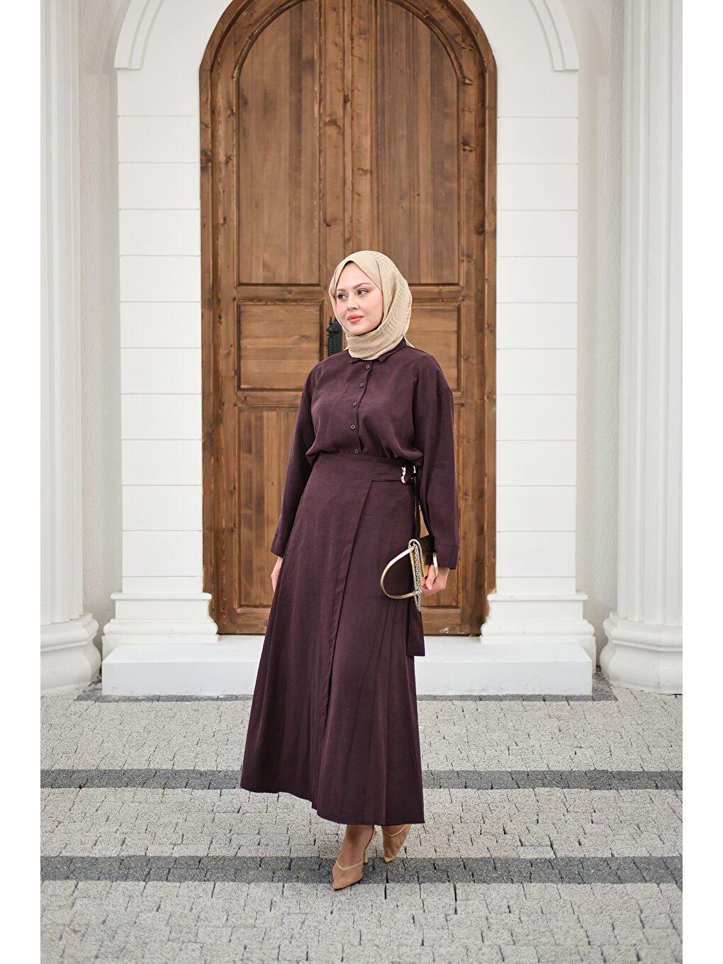 Kadın Gold Kemer Detay Gömlekli Takım Mürdüm-1