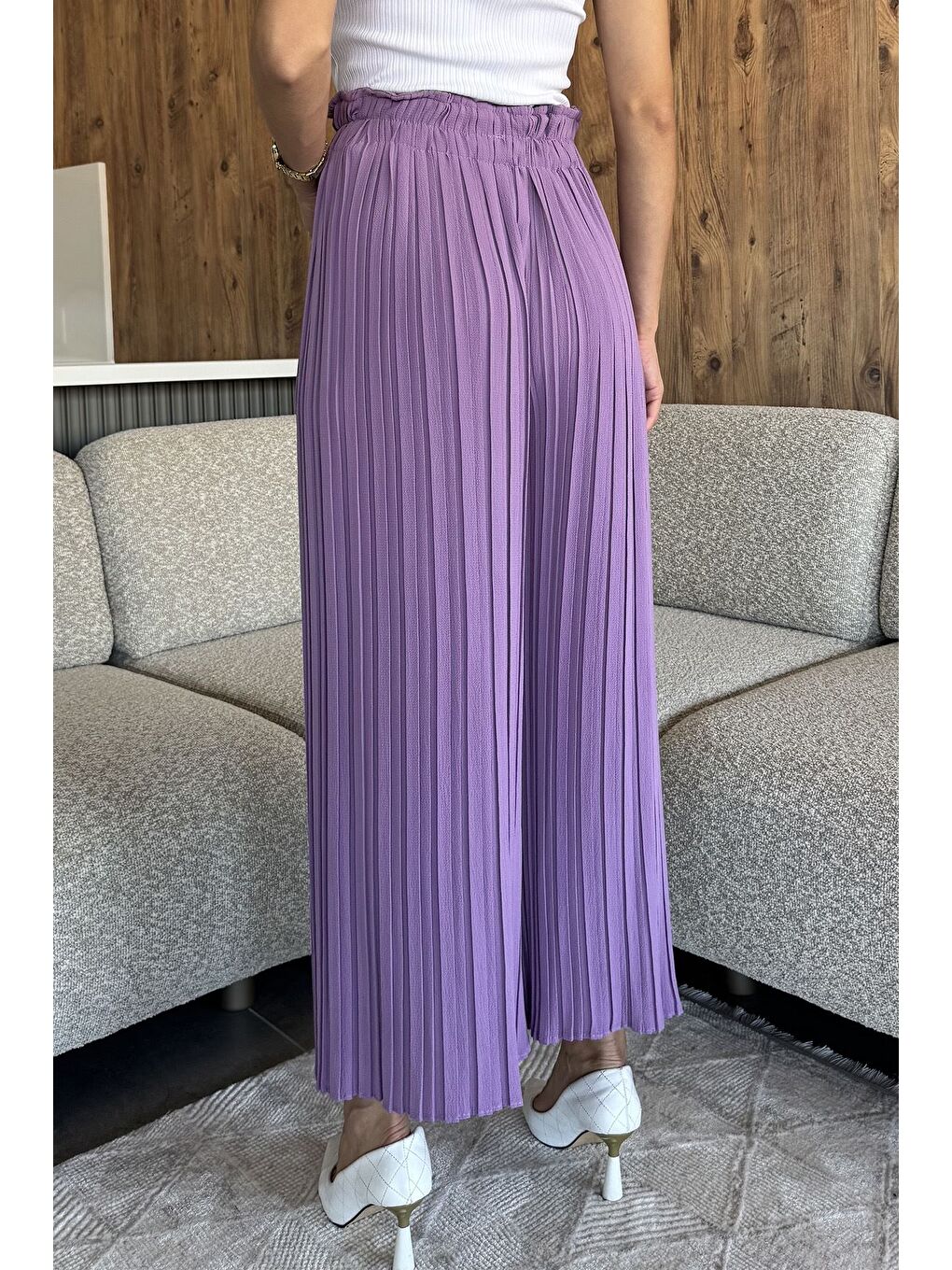 Lila Kadın Bel Lastikli Piliseli Bol Kesim Pantolon-2