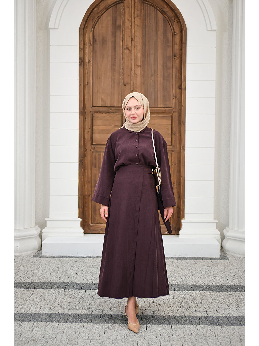 Kadın Gold Kemer Detay Gömlekli Takım Mürdüm-2