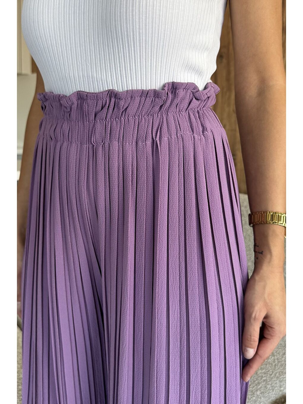 Lila Kadın Bel Lastikli Piliseli Bol Kesim Pantolon-3