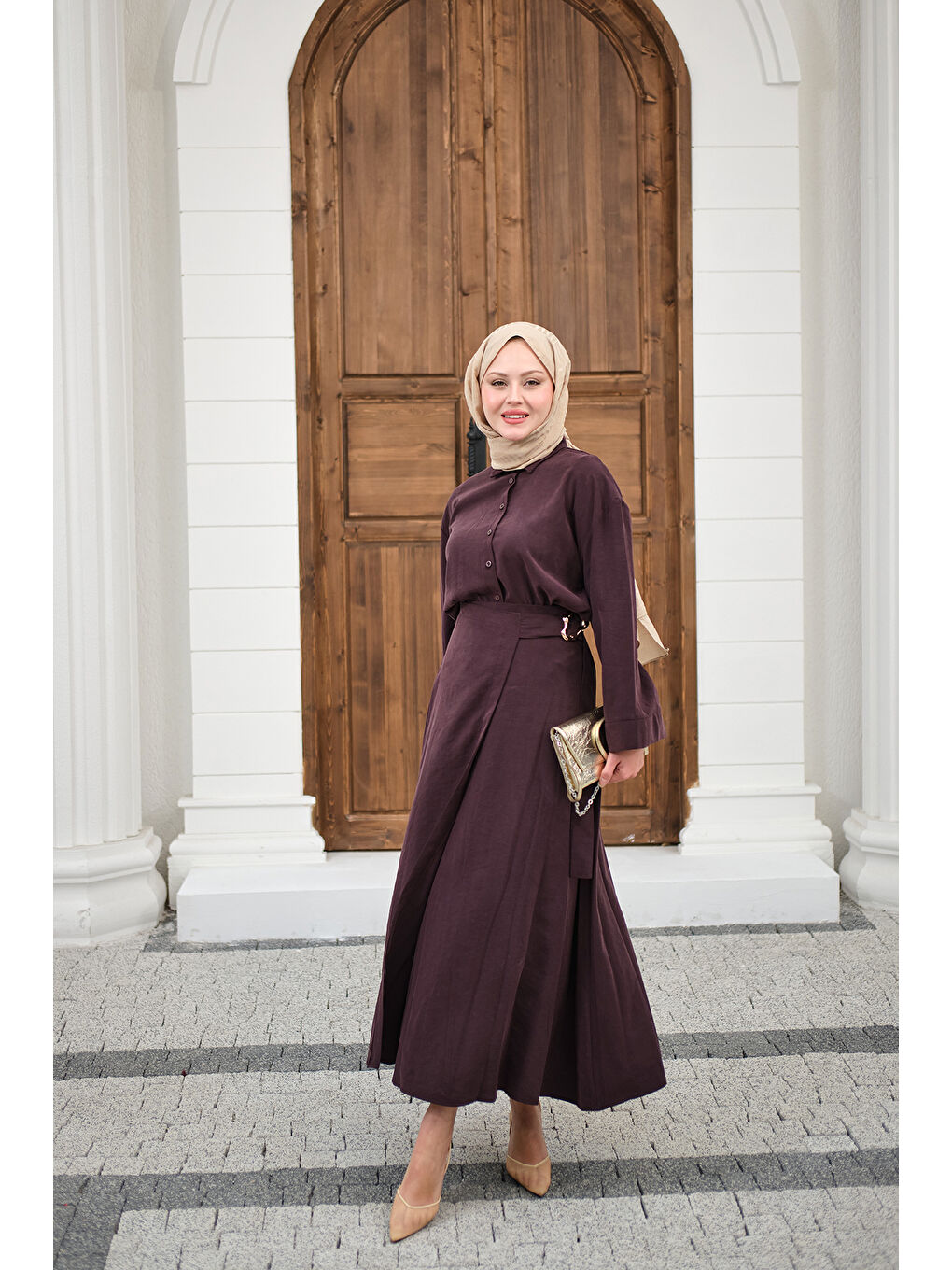 Kadın Gold Kemer Detay Gömlekli Takım Mürdüm-3