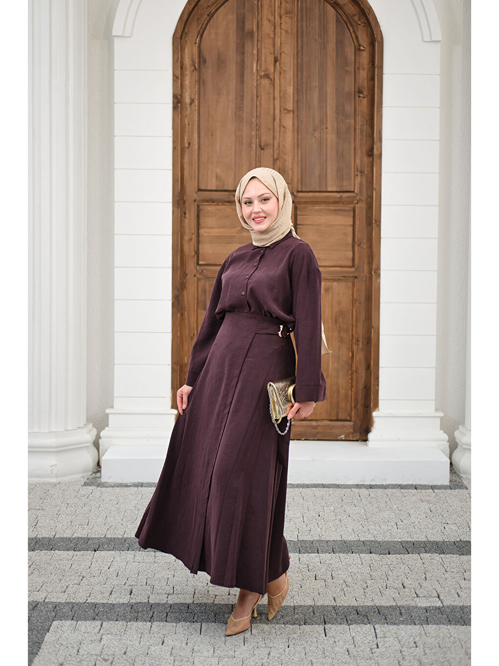 Kadın Gold Kemer Detay Gömlekli Takım Mürdüm-4