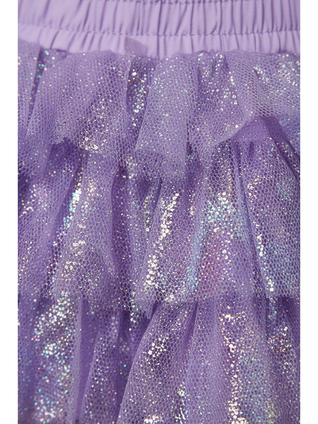 Mor Kız Çocuk Pamuklu Lila Simli Kat Kat Tül Etek - Elastik Belli Fırfırlı Model-2