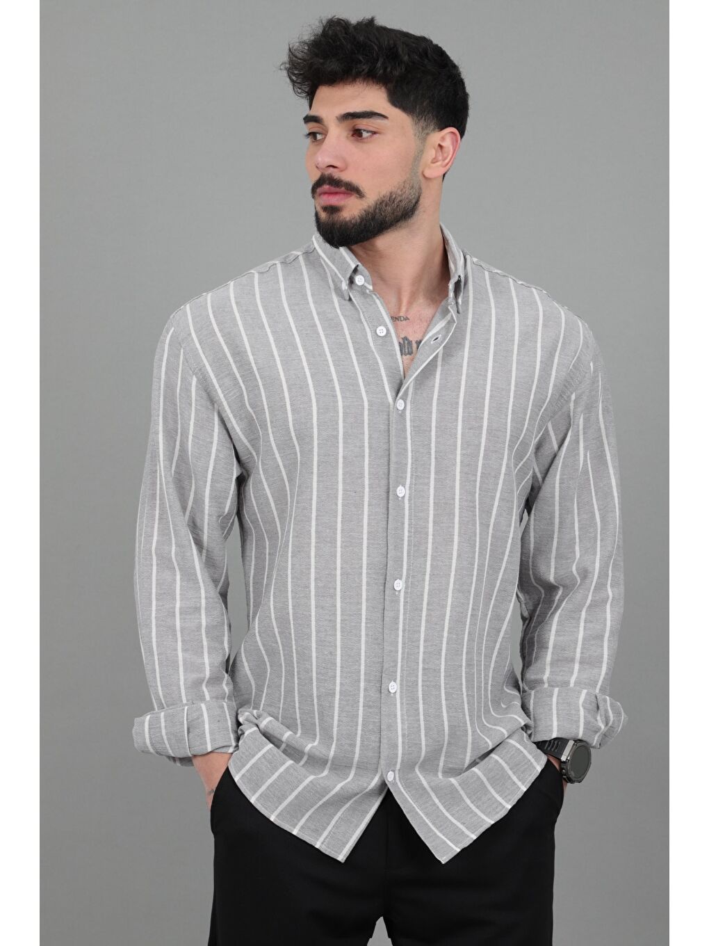 Gri Şile Çizgili Oversize Uzun Kol Yazlık Gömlek MRS 226_40418