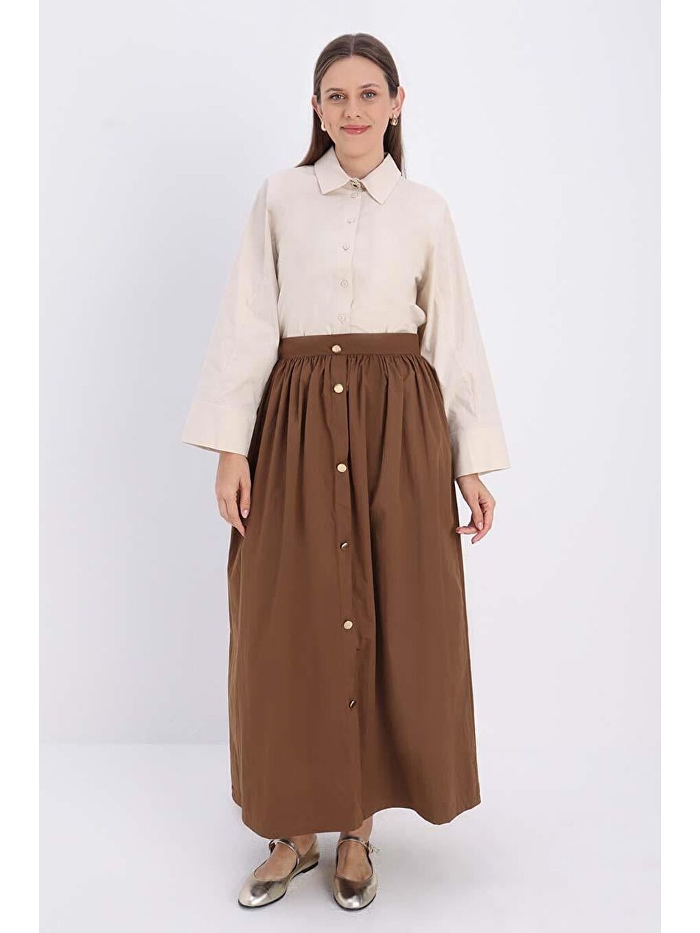 Kahverengi Taba-Düğme Detaylı Pileli Etek-1