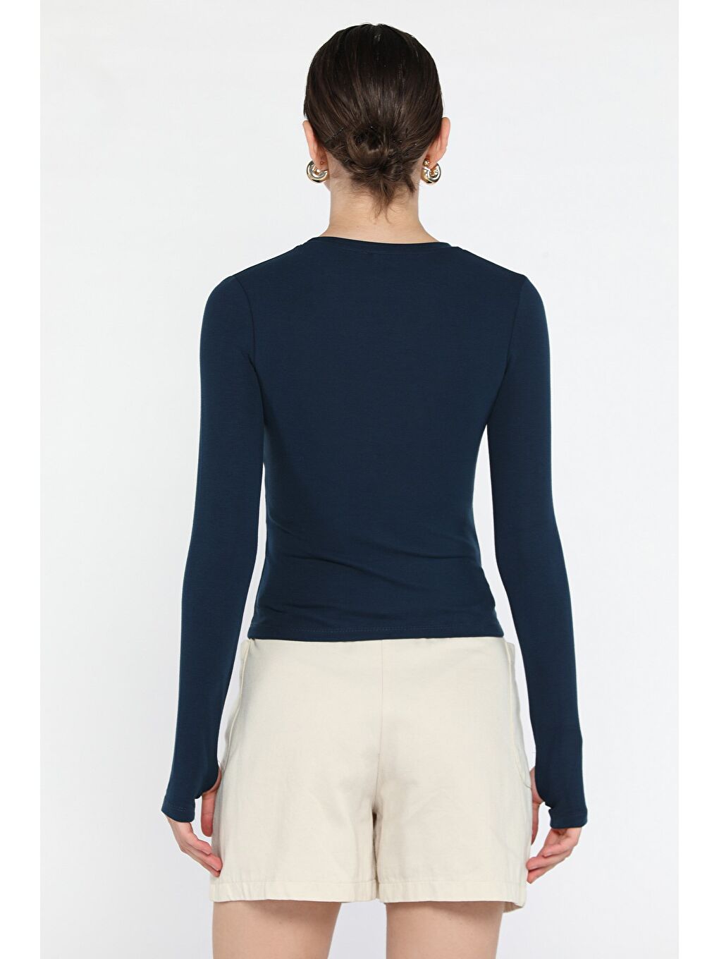 Lacivert Kadın Bisiklet Yaka Parmak Geçirmeli Bluz-3