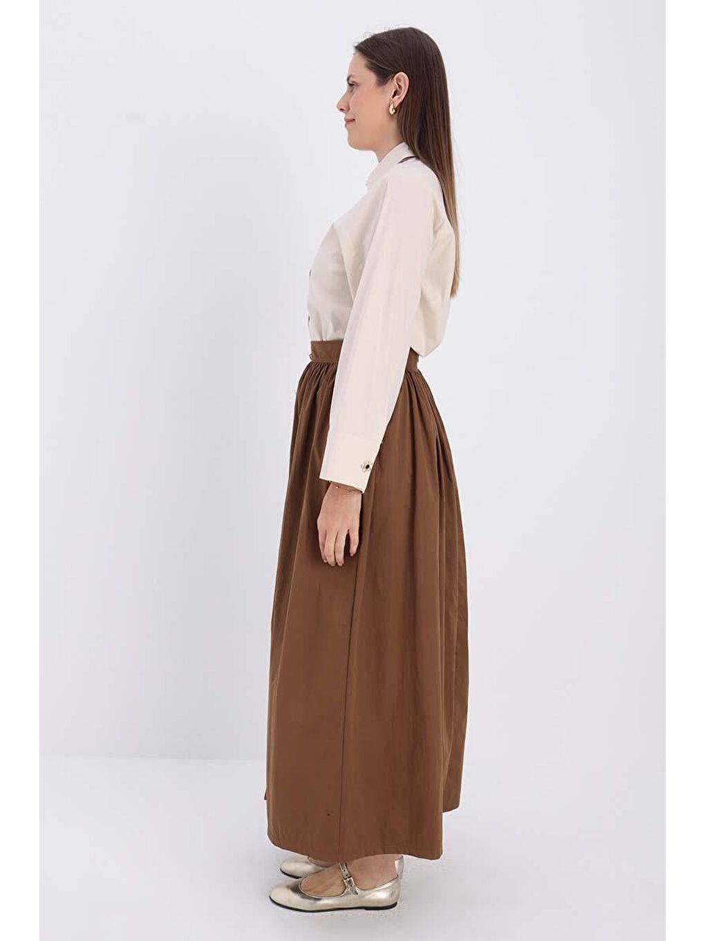 Kahverengi Taba-Düğme Detaylı Pileli Etek-2
